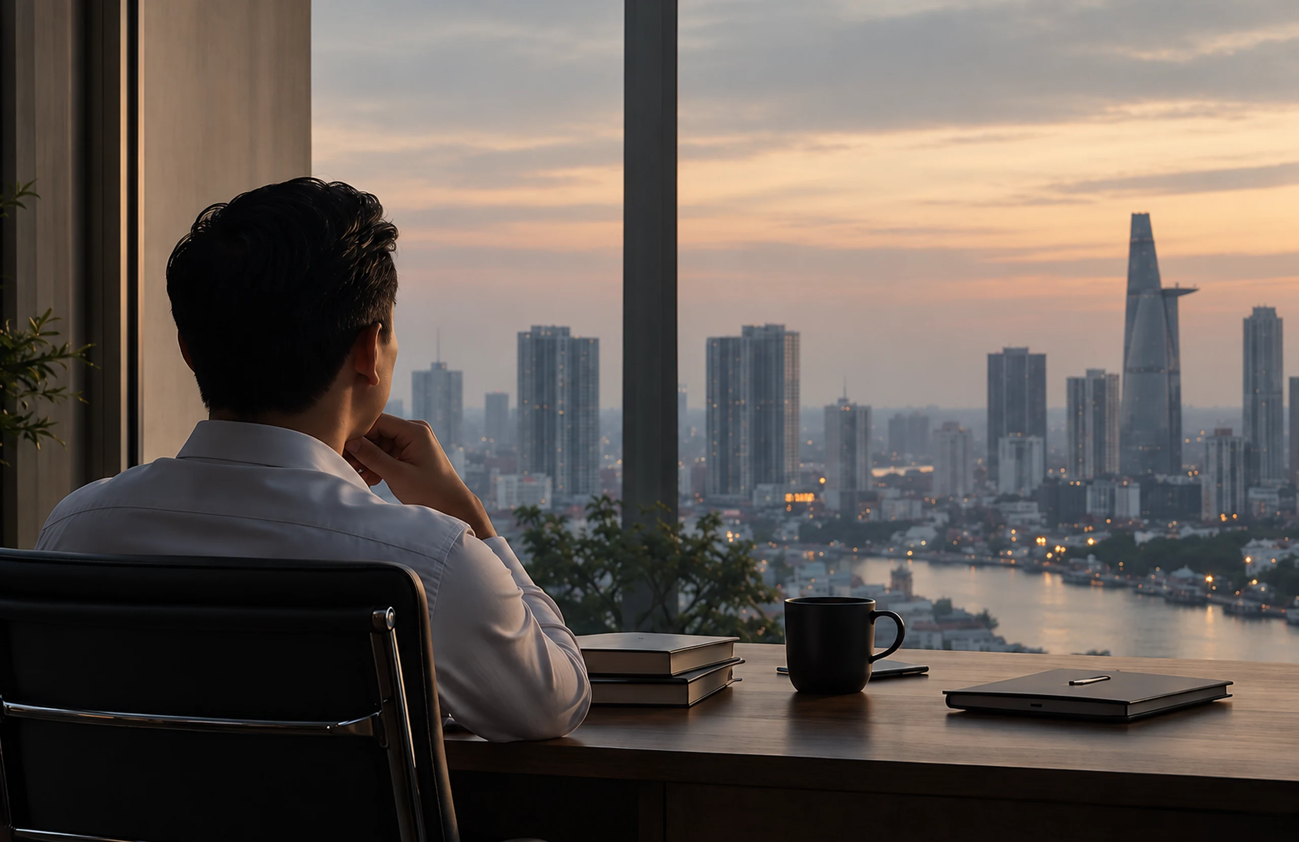 Một chủ doanh nghiệp ngồi quay lưng trong văn phòng, nhìn ra thành phố và dòng sông lúc hoàng hôn.