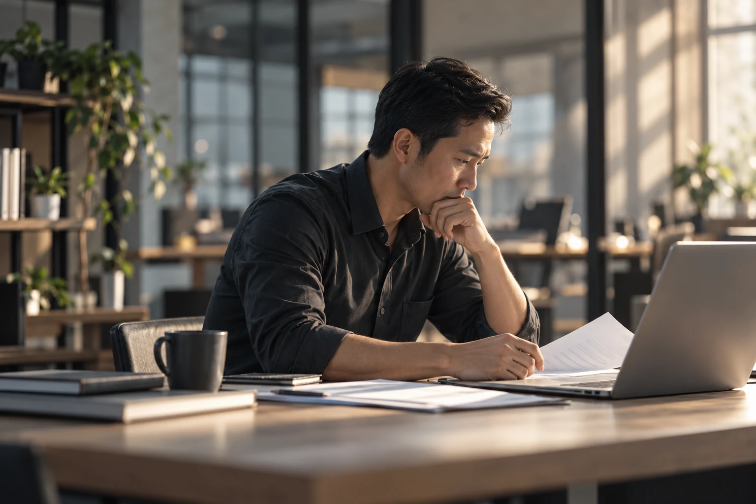 Một chủ doanh nghiệp Việt Nam chăm chú xem tài liệu bên máy tính tại bàn làm việc.