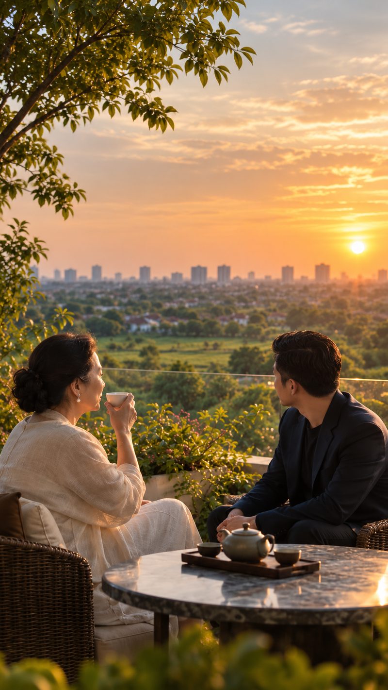 Một người phụ nữ và một người đàn ông ngồi bên bàn trà trên sân thượng, phía xa là cây xanh, thành phố và mặt trời lúc hoàng hôn