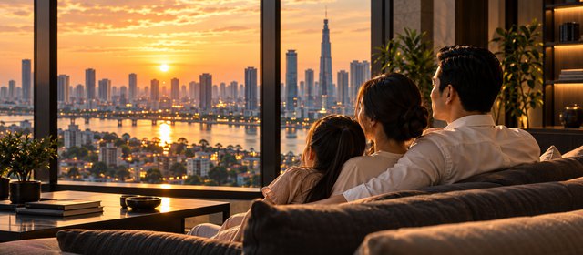 Một gia đình ngồi bên nhau nhìn ra thành phố lúc hoàng hôn