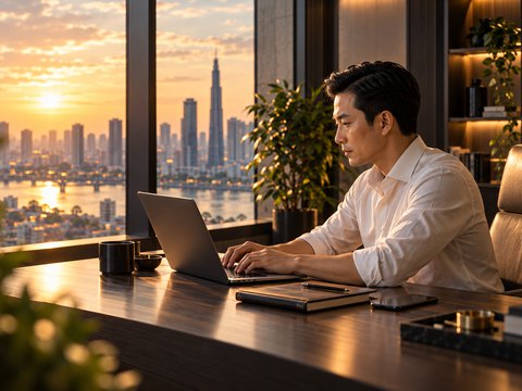 Một người đàn ông tập trung làm việc bên laptop