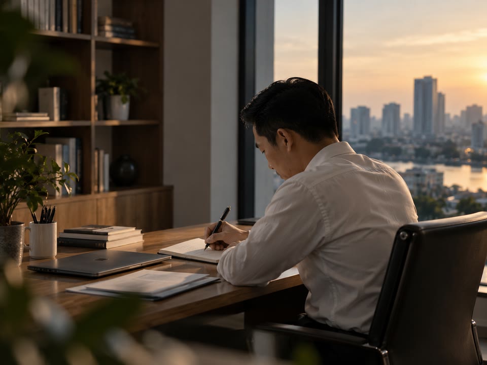Một người Việt Nam đang ghi chép bên bàn làm việc