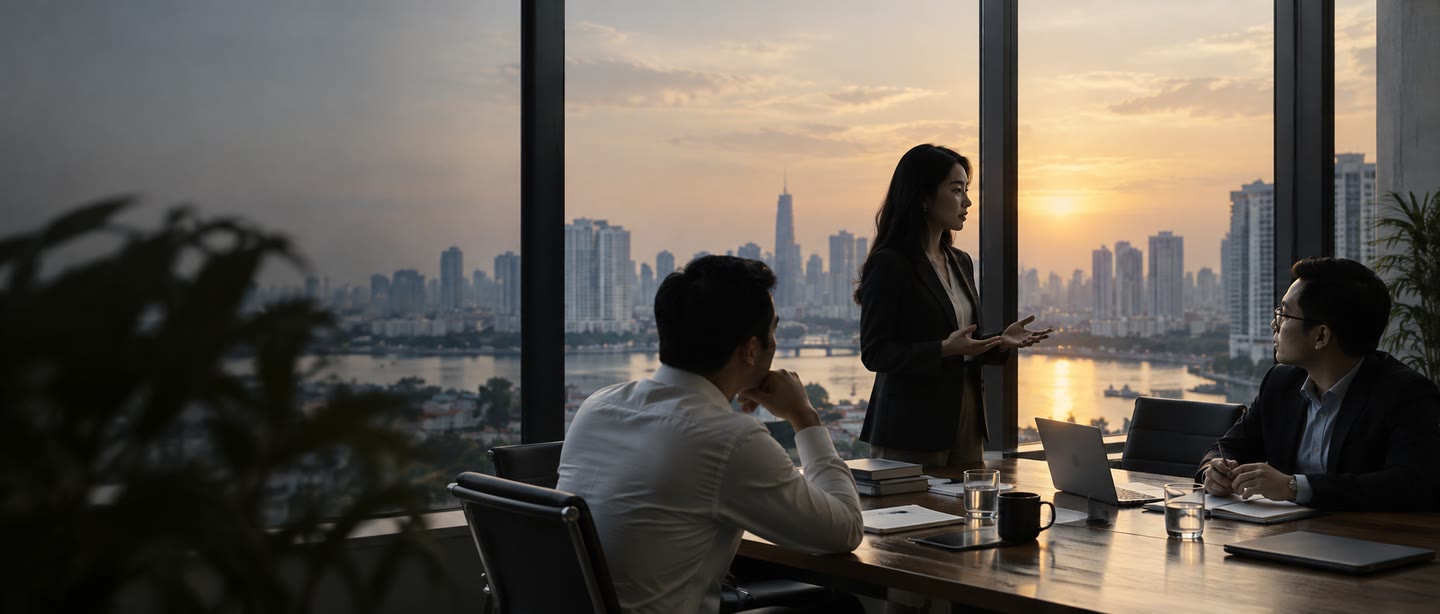 Ba người Việt Nam đang trao đổi bên bàn làm việc
